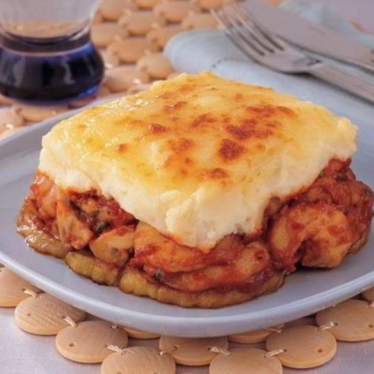 Рецепт картофельного суфле с креветками и баклажанами