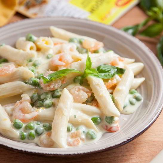 Рецепт пасты с креветками и зеленым горошком в сливочном соусе