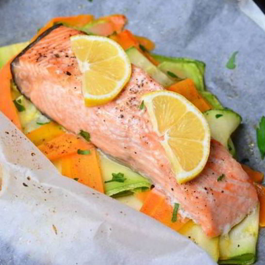 Рецепт лосося запеченного с овощами