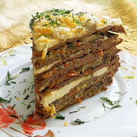 Рецепт печеночного торта с грибами